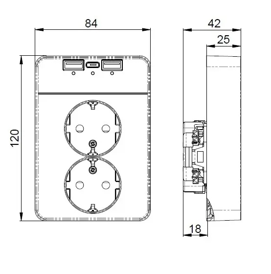 Pistorasia+USB Etman DesignX 2S/16A/IP21 2A+1C 18W MUS