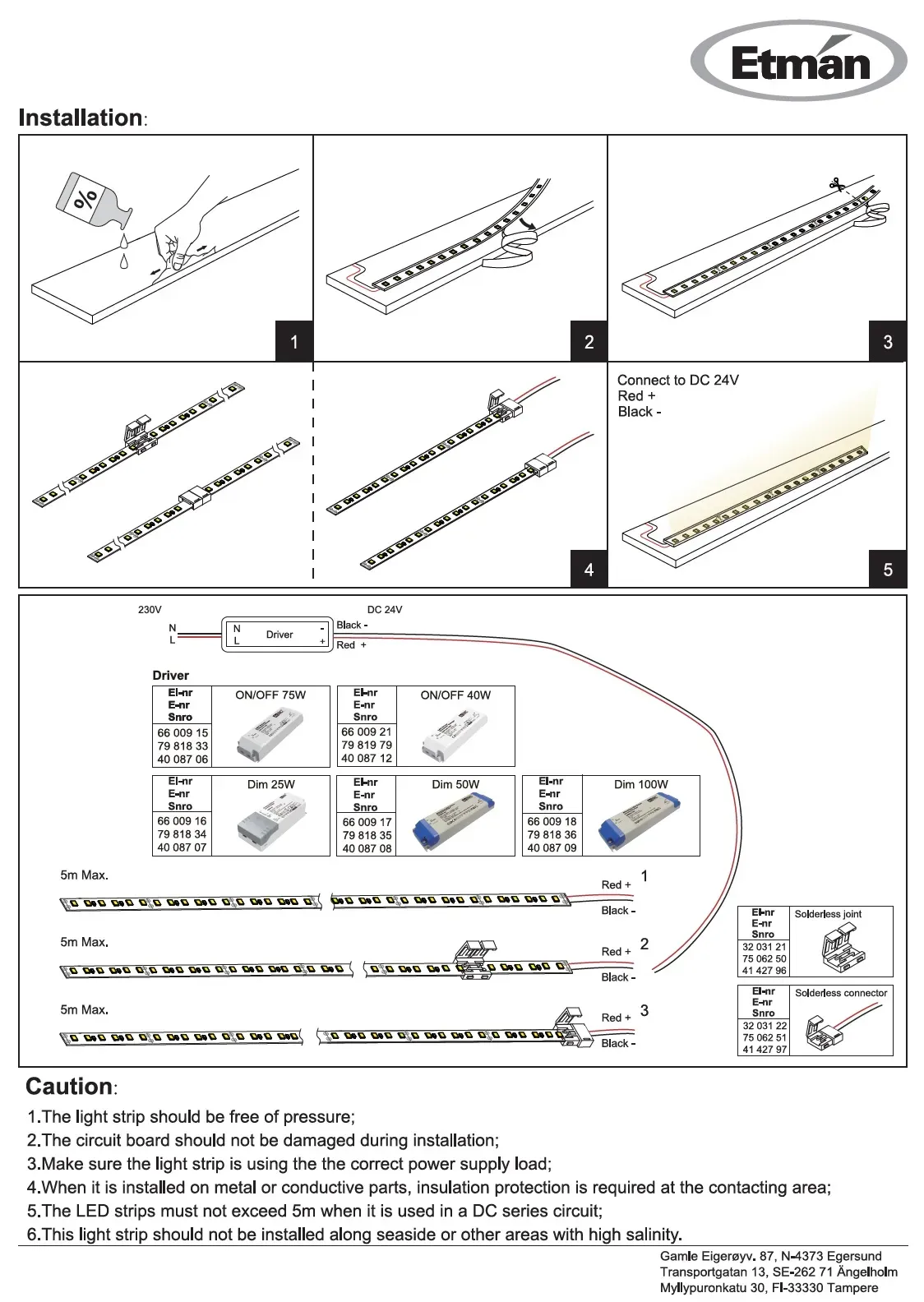 LED-nauha Etman STRIP 24V 5,2W/m 3000K IP20 5M